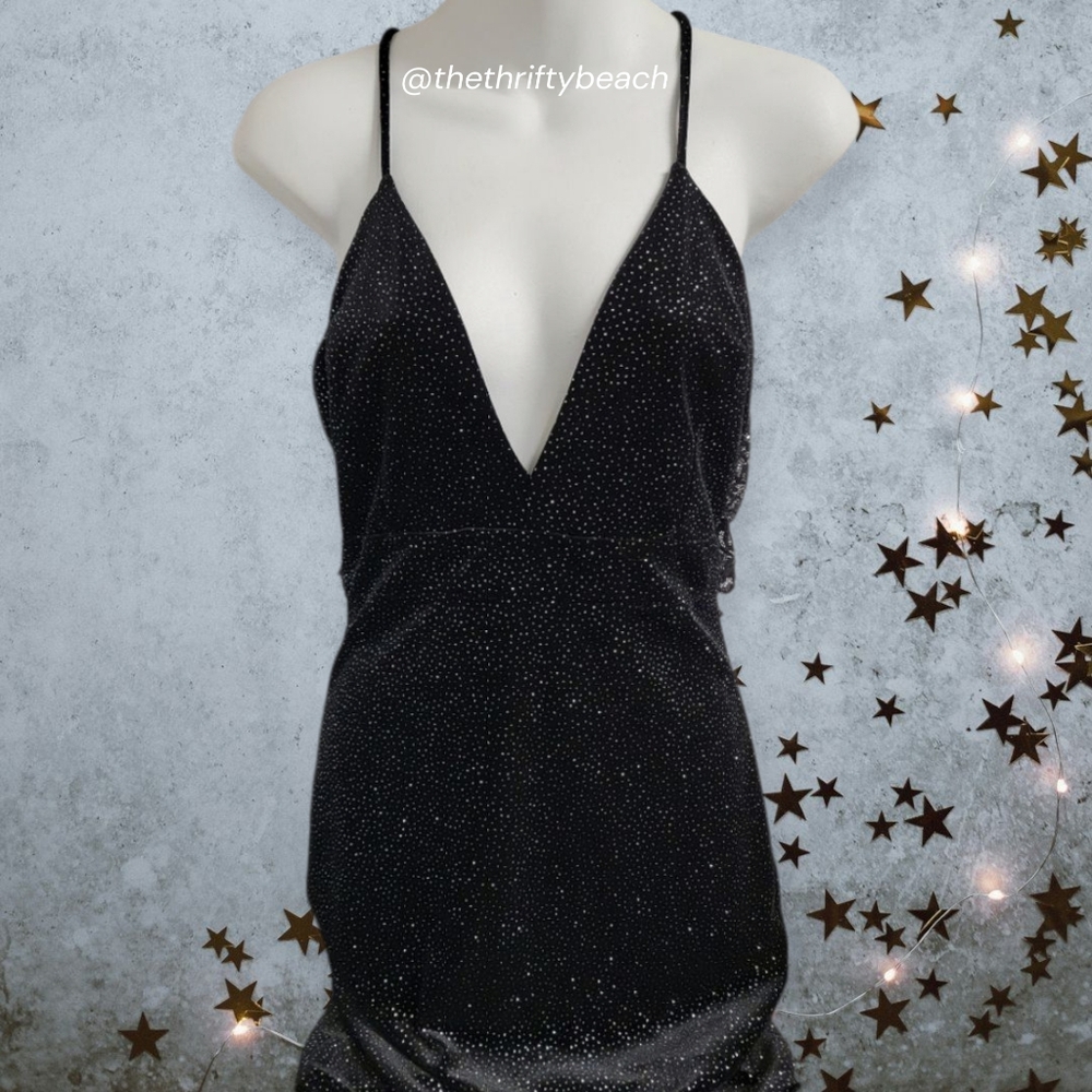 Cherry Mellow Black Rhinestone Plunging V-Neck Mini Dress